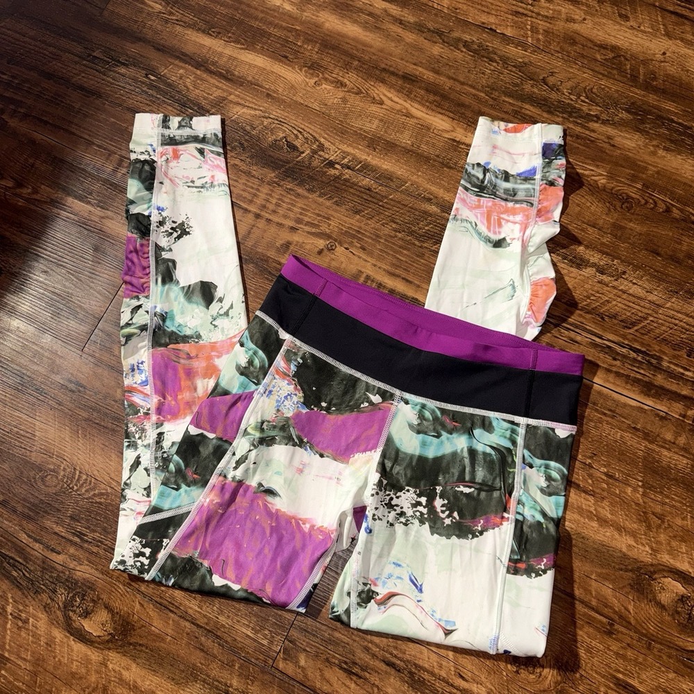Lululemon Side Ruched Multicolor Swirl Marble Print Full Length Leggings Size 8 - Picture 1 of 10